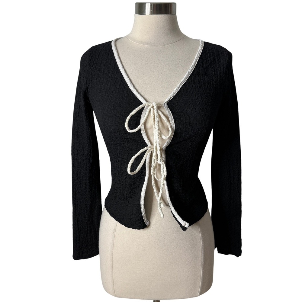 See You Monday Black Textured Double Front Tie Cardigan Top Womens Small NEW
